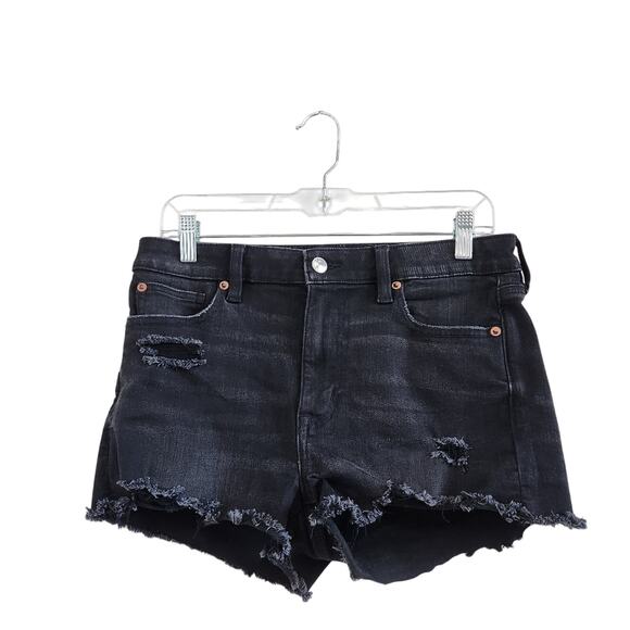 American Eagle Black Jean Shorts High Rise Shortie Distressed Frayed Hem Size 8 - Picture 1 of 7